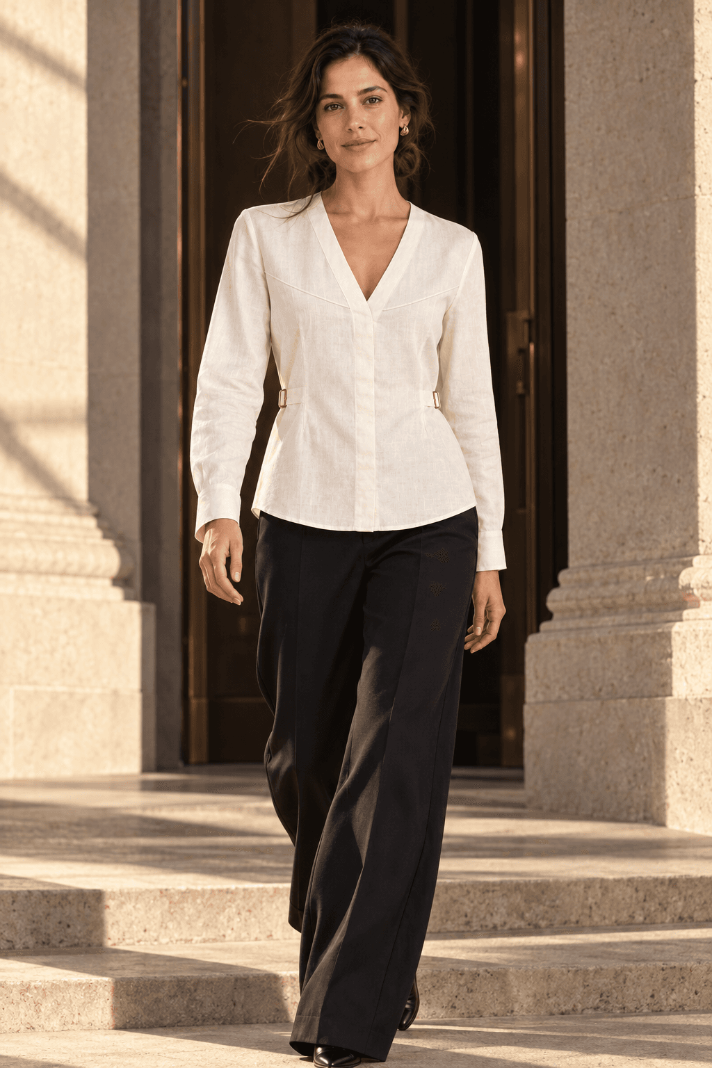 Model stepping through sunlit stone architecture in the ivory V-neck Shirae with curved bust seams, side buckles and black tailored trousers