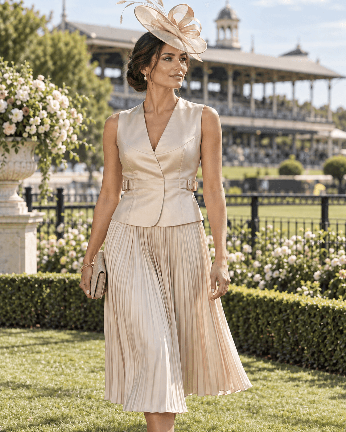 Model in a champagne Shirae, pleated skirt and sculptural race-day fascinator at a garden event