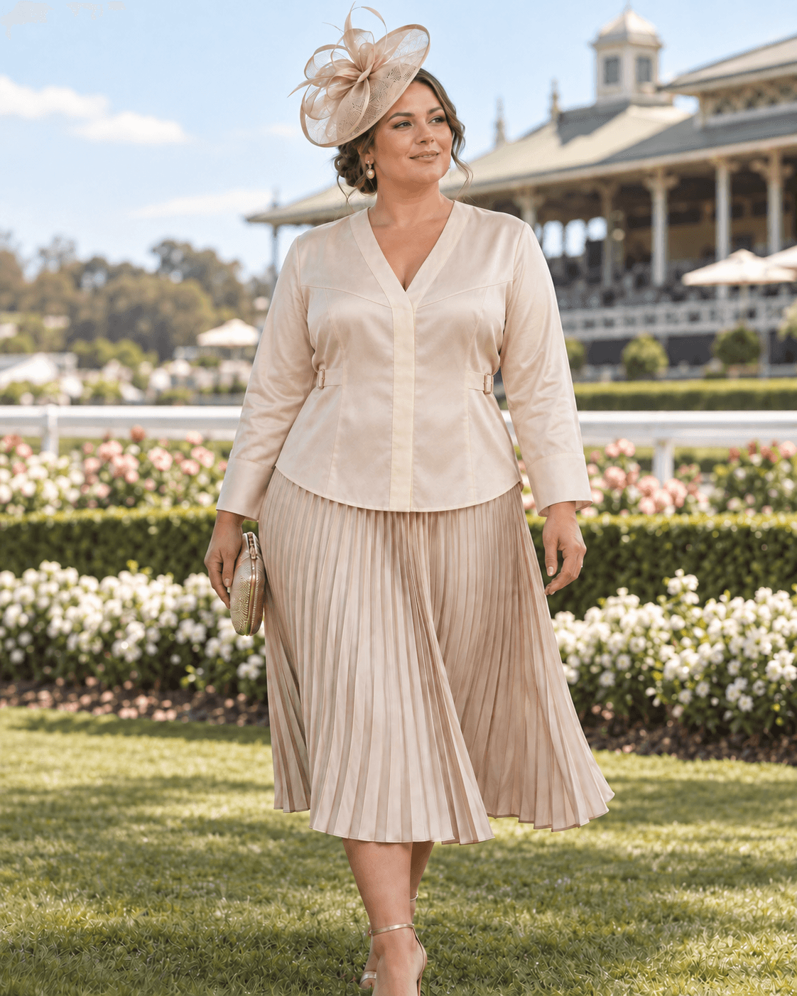 Plus-size model wearing the champagne Shirae with a straight centre front, curved bust seams and one buckle at each side, styled with a pleated skirt and fascinator