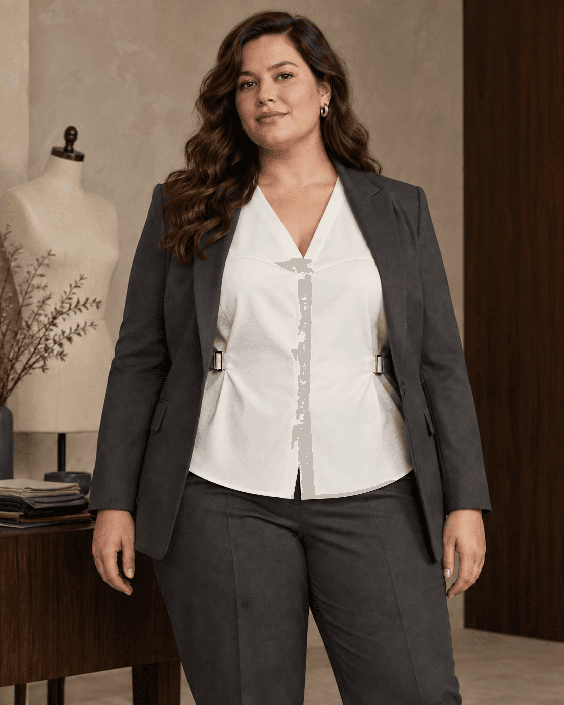 Plus-size model wearing the ivory cotton poplin Shirae layered under a charcoal jacket